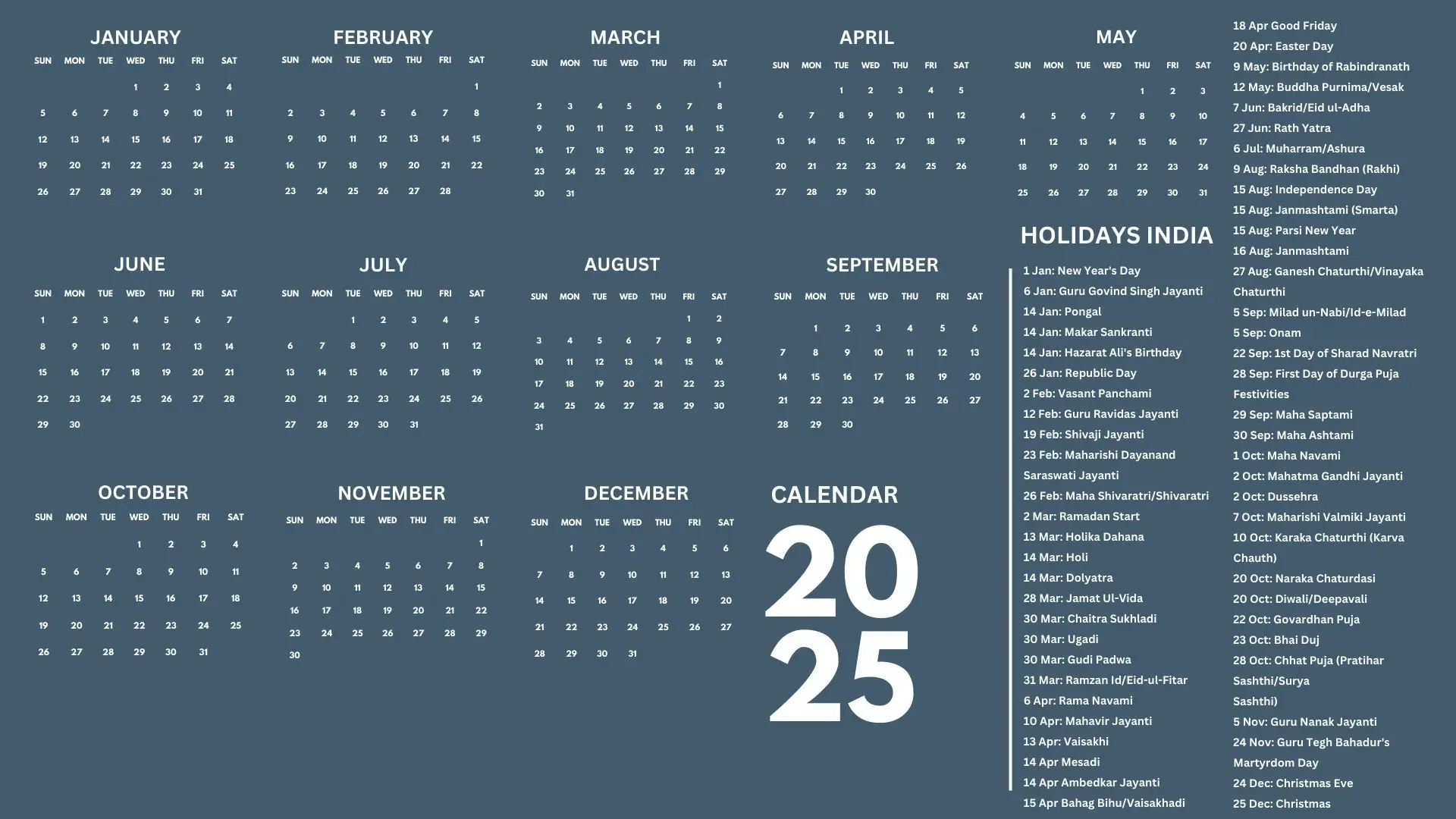 2025 Calendar design with Holidays